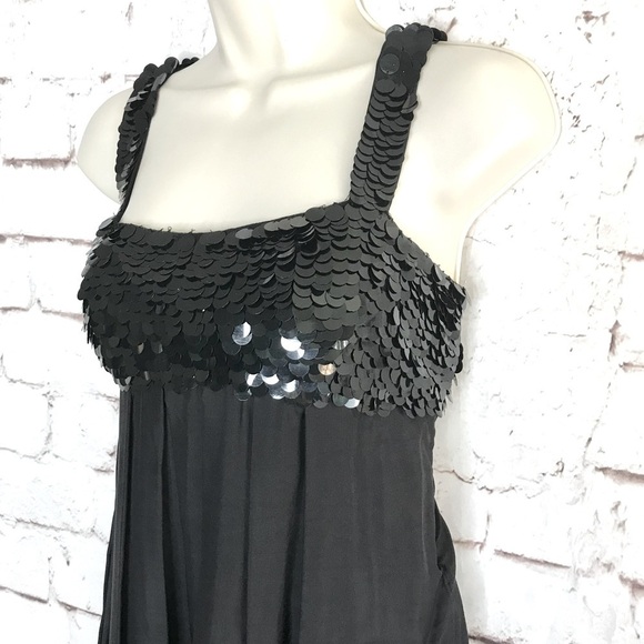 HANNAH JO Dresses & Skirts - HANNAH JO Bubble Hem Silk Dress L Black Sequin Top Babydoll Size Large
